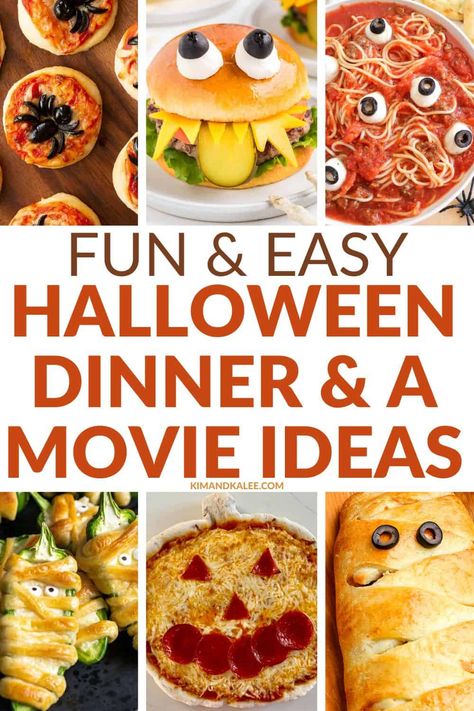 Snacks For Halloween Movie Night, Halloween Night Dinner Ideas, Halloween Movie Night Dinner Ideas, Halloween Movie Night Meals, Dinner And Movie Ideas, Family Movie Night Dinner Ideas, Halloween Dinner Ideas Families, Halloween Movie Night Snacks, Fun Dinners For Kids