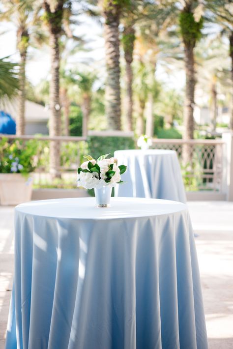 Tall Cocktail Tables, Blue Flowing Linen Blue Cocktail Tables Wedding, Light Blue Wedding Reception Decor, Cocktail Tables Wedding, Blue Linen Wedding, Wedding Buffet Table Decor, Green Blue Decor, Wedding Buffet Table, Cocktail Table Decor, Powder Blue Wedding