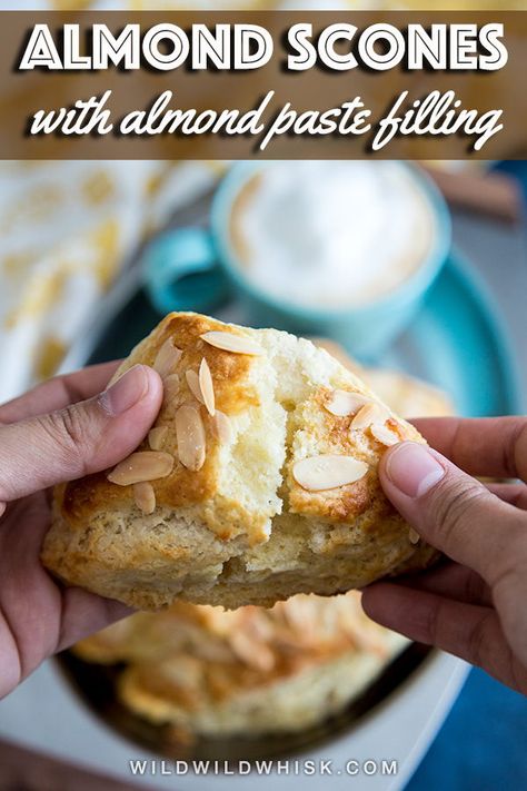 These tender Almond Scones are made with buttermilk and stuffed with a homemade almond paste filling. They're prefect with tea or coffee. #wildwildwhisk #scones Almond Paste Filling, Almond Scones, Almond Paste Recipes, Bread Garlic, Baking Scones, Scone Recipes, Bread Puddings, Homemade Breads, Almond Paste