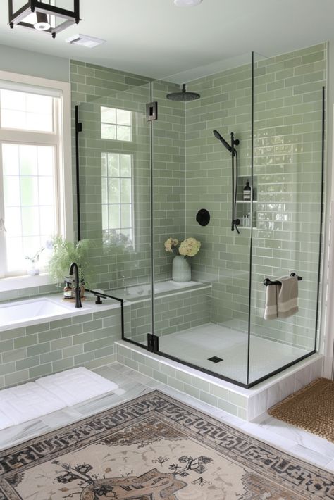 Modern and Chic: 27 Green Bathroom Ideas you need to see Seafoam Green Shower Tile, Green Tiled Shower Bathroom, Master Bathrooms Green, Green And Cream Bathroom Ideas, Master Bath Ideas Green, Soft Green Bathroom Ideas, Green And White Bathroom, Light Green Bathroom, Green Bathroom Tiles