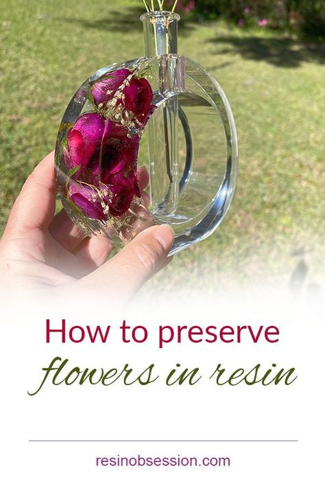 Keep your beautiful flowers for eternity by preserving them in resin. Click pin to learn how. . . . . . #resin #resinandflowers #resinobsession Epoxy Resin Flower Jewelry, Dry Flowers In Resin Diy, How To Dry Flowers For Resin Art, Dried Flowers In Resin Ideas, Preserving Roses In Resin, Epoxy Resin Flowers Diy, How To Put Flowers In Resin, Resin Flower Mold, How To Preserve Roses In Resin