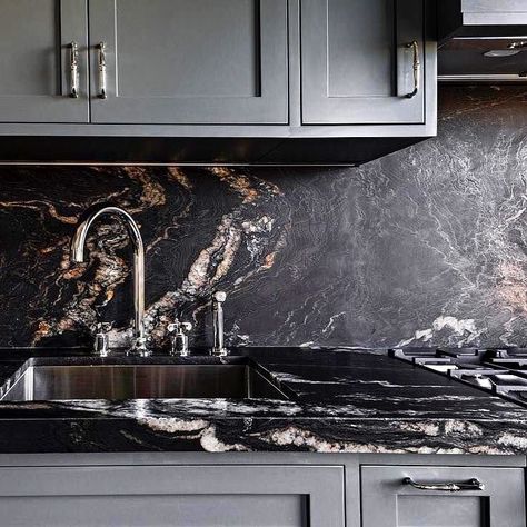 Check these inspiring black kitchen countertops to see just how sleek and awe-worthy they can be Titanium Granite, Black Marble Countertops, Black Quartz Countertops, Black Kitchen Countertops, Granite Backsplash, Leather Granite, York Stone, Black Granite Countertops, Kitchen New York