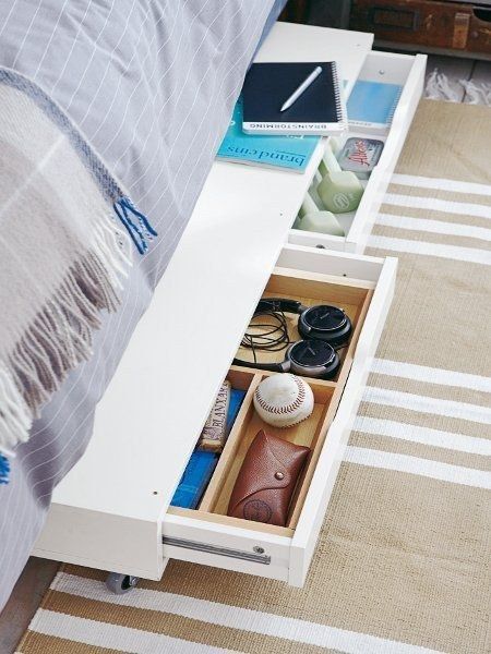 "Just add casters to the IKEA Ekby drawer shelf for some slide-out under-bed storage." Brilliant organization idea. Ekby Ikea, Ikea Ekby, Koti Diy, Space Saving Hacks, Dorm Organization, Smart Tiles, Bedroom Organization, Dorm Room Organization, Drawer Shelves