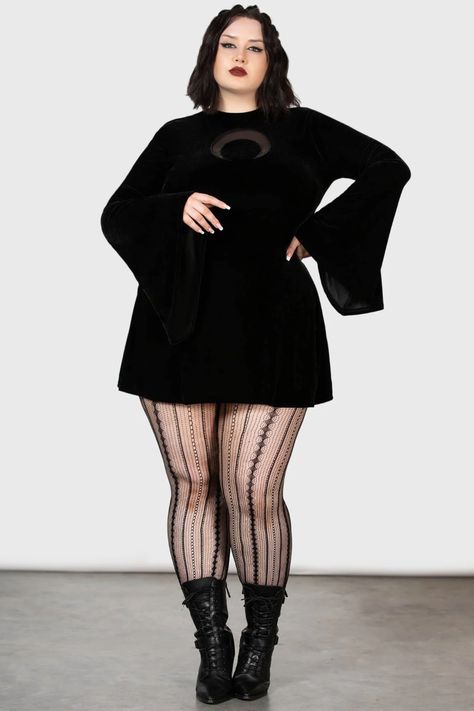 Reap Mini Dress [PLUS] | Killstar Goth Outfits Plus Size, Plus Size Alternative Outfits, Plus Size Goth Clothes, Plus Size Alt Fashion, Goth Plus Size, Moon Cutout, Minimalist Goth, Witchy Outfits, Killstar Clothing