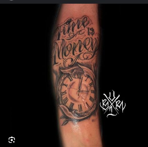 Clock Money Tattoo, Time Is Money Tattoo, Gentleman Tattoo, Money Rose Tattoo, Mario Tattoo, Rose Hand Tattoo, Hourglass Tattoo, Money Tattoo, Half Sleeve Tattoos For Guys