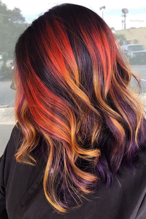 Top 15 Skunk Streak Hair Ideas For Women To Try In 2024 Dark Sunset Hair, Red Multicolor Hair, Vivid Highlights Brown Hair, Orange Streaks In Hair, Brown Hair With Orange Highlights, Skunk Streak Hair, Streak Hair, Orange Ombre Hair, Hair Ideas For Women