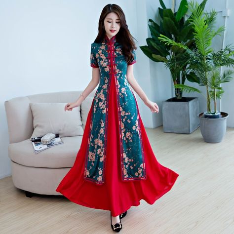 Rayon Dress Summer, Female Gown, Prom Elegant, Vietnam Dress, Japanese Yukata, Ao Dai Vietnam, Chinese Style Dress, Pacific Islands, Cheongsam Dress