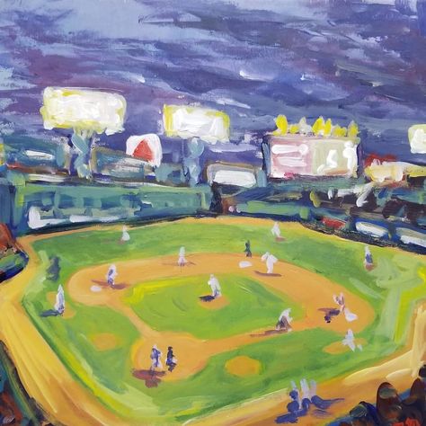 Acrylic painting of baseball game at Fenway, the Green Monster, the Citgo sign, the Red Sox Fenway Park Drawing, Baseball Painting Easy, Baseball Field Painting, Fenway Park Painting, Boston Painting, Baseball Watercolor, Cricket Aesthetic, Citgo Sign, Baseball Diy