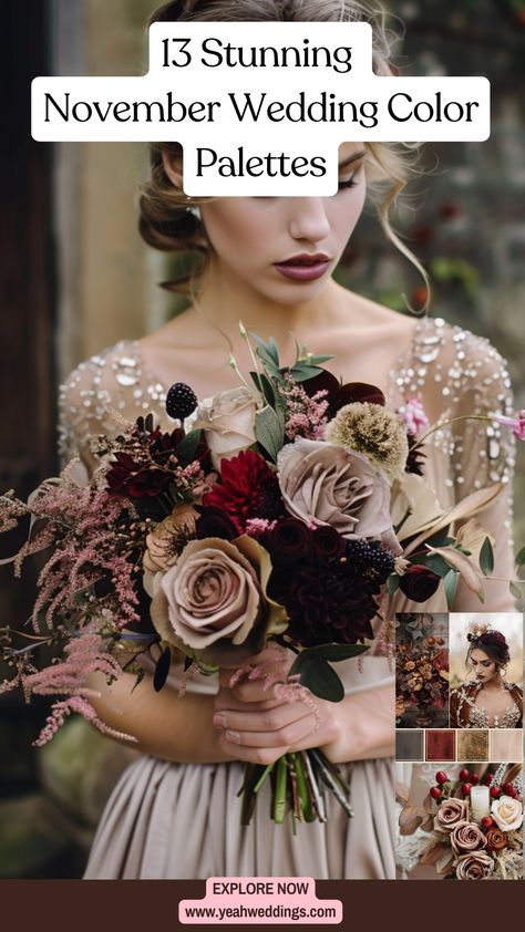 Discover stunning November wedding color palettes perfect for fall. From rich burgundy to warm golds, find inspiration for your big day. Learn how to combine colors for a beautiful, cohesive look. Explore our tips to create a memorable autumn wedding. Click to get inspired and start planning your perfect fall wedding today. Rich Wedding Colors, Winter Wedding Inspo Color Palettes, Burgundy Fall Wedding Colors, November Wedding Aesthetic, Late November Wedding, Elegant Wedding Color Palette, Unique Fall Wedding Colors, Moody Fall Wedding Colors, Dark Plum Wedding