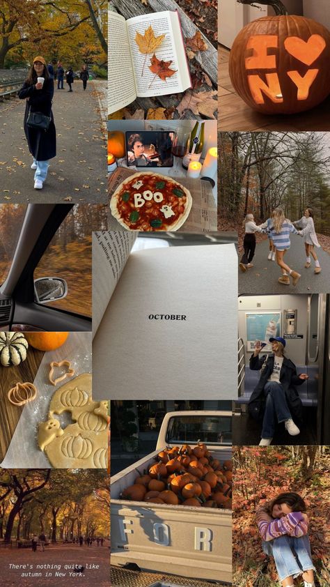 fall aesthetic, fall, fall moodboard, aethetic, spooky season, spooky aesthetic, october, fall season, nyc fall, nyc fall aesthetic, halloween aesthetic, halloween, moodboard, cookies, pumpkins, pumpkin patch, subway, leaves, new york city, nyc, harry potter, friends, cold weather, cozy, cozy season, pizza, books, reading, aesthetic, mood October Mood Board Wallpaper, Fall Trip Aesthetic, Connecticut Fall Aesthetic, American Fall Aesthetic, Fall In Nyc Aesthetic, Nyc Autumn Aesthetic, New York City In October, Fall Aesthetic Bucket List, Fall Wellness Aesthetic