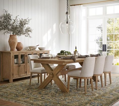 Dining Room Tables | Pottery Barn Coastal Farmhouse Dining Room, Barn Table, Rustic Farmhouse Dining Table, Neutral Dining Room, Casual Dining Rooms, Dining Room Style, Extending Dining Table, Extending Table, Trestle Dining Tables