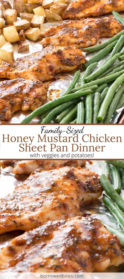 Chicken sheet pan dinners are a dream on a busy weeknight! This Honey Mustard Chicken Sheet Pan Dinner (with veggies and potatoes) won’t disappoint! The sauce is loaded with flavor for a sweet and savory dinner that’s accidentally healthy. Plus tips for keeping the chicken breasts juicy and the veggies perfectly roasted whether cooking for a large or small family. #sheetpan #sheetpandinners #sheetpanrecipes #easyrecipe #easydinner #chicken #chickenfoodrecipes #easyhealthymeals #weeknightdinner # Sheet Pan Honey Glazed Chicken And Potatoes, Chicken And Vegetable Dinner Ideas, Simple But Healthy Dinners, Veggie Plate Dinner Ideas, Keto Chicken Sheet Pan Dinner, Chicken Meal For Two, Easy Meals For Small Family, Sheet Pan Chicken Veggies And Potatoes, Sheet Pan Chicken Marinade