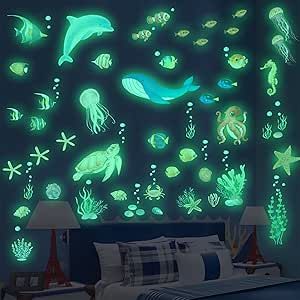 Sea Turtle Ocean Fish Wall Decals Glow in The Dark, Under The Sea Life Animals Stickers for Ceiling, Girls Boys Waterproof Decoration for Living Room Wall Bathroom Toilet Sea Kids Room, Ocean Baby Rooms, Ocean Kids Room, Under The Sea Bathroom, Sea Bathroom Decor, Underwater Room, Ocean Room Decor, Baby Wall Stickers, Ocean Theme Classroom