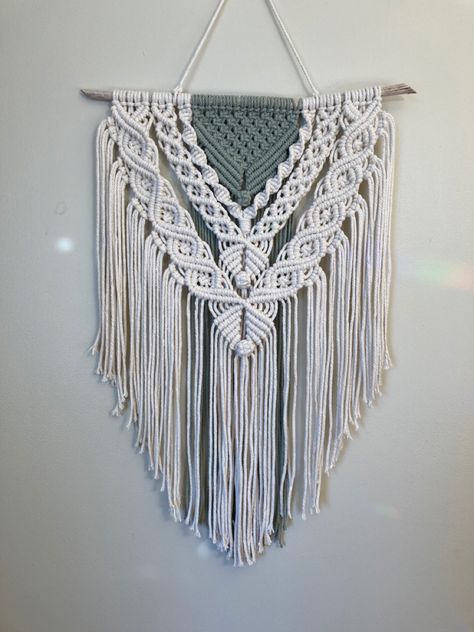 Macrame wall hanging, made with green sage & beige cord. Made by megs macrame designs Macrame With Two Colors, Macrame Wall Hanging Multicolor, Plant Hanger Wall, Paracord Projects Diy, Macrame Designs, Pola Macrame, Macrame Wall Hanging Tutorial, Macrame Wall Hanger, Macrame Wall Hangings