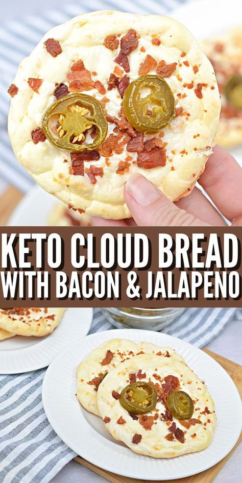 Keto Cloud Bread With Bacon & Jalapeno - Whether you call it oopsie bread or cloud bread, you’ll love how it tastes! Use it as a keto sandwich bread replacement. #keto #Ketorecipes #Ketodiet #Ketocloudbread #baconjalapencloudbread #oopsiebread #ketobread #homemadebread #healthyrecipes #snacks #food #recipes Keto Sandwich Bread, Oopsie Bread, Keto Cloud Bread, Bread Replacement, Bread Bowl Recipe, Food Guilt, Low Carb Cheesecake Recipe, Keto Bacon, Stuffed Jalapenos With Bacon