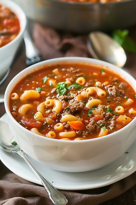 Tomato Mac Beef Soup, Tomato Beef Noodle Soup, Macaroni And Beef Soup, Hamburger Tomato Macaroni Soup, Beef Tomato Macaroni Soup, Beefy Noodle Soup, Macaroni Soup Hamburger, Ground Beef Tomato Recipe, One Pot Cheeseburger Macaroni Soup