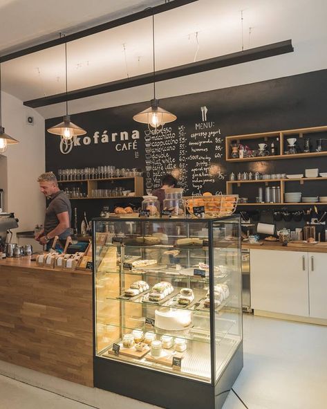 Take A Way Coffee Shop Design, Big Coffee Shop Design, Coffee And Bakery, Coffeshop Design Architecture, Coffee Machine For Coffee Shop, Prague Coffee Shops, Bakery Interior, Small Coffee Shop, Bakery Decor