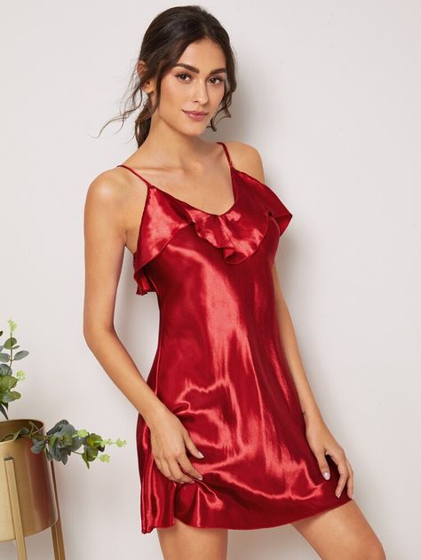 Ruffle Hem Satin Cami Dress | SHEIN Lingerie Slips, Dress Sleepwear, Satin Nightie, Satin Nightwear, Satin Cami Dress, Marina Laswick, Pyjama Satin, Satin Bluse, Satin Fashion