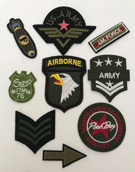 New Army Military Patch Applique Badges. Please read the full description for approx measurement, prior to purchasing the item. You will receive 9 piece set of Army Military Patches as below: 1 x Posh Boy                            Measurement approx: 6.5cm diameter (circle) 1 x Airbourne with Eagle       Measurement approx: W - 6.5cm x H - 8.5cm 1 x Arrow                                  Measurement approx: W - 6cm x H 3cm 1 x Submarine                         Measurement approx: W - 7.3cm x H Us Army Badges, Army Badges, Us Army Patches, Airborne Army, Oc Board, Army Patches, Patch Applique, Military Patches, Reference Photos For Artists