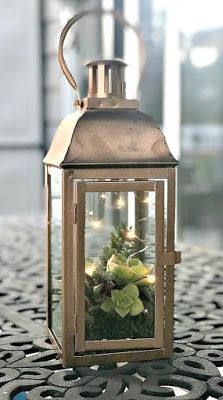 Succulent Lantern, Lantern With Fairy Lights, Vertical Succulent Gardens, Terrarium Ideas, Lantern Craft, Container Garden Design, Copper Lantern, Terracotta Flower Pots, Diy Lanterns