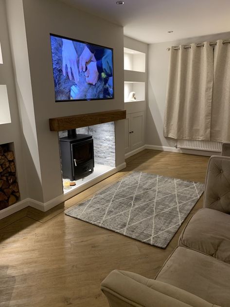 home-decor-ideas-wall-decor-TV-Stands-TV lounge decoration ideas Oak Beam Fireplace With Tv, Oak Beams Living Room, Tv And Stove Wall Ideas, Tv Wall With Log Burner, Living Room With Log Burner And Tv, Log Burner Wall Ideas, Woodburner With Tv Above, New Build Log Burner, Tv And Chimney Ideas