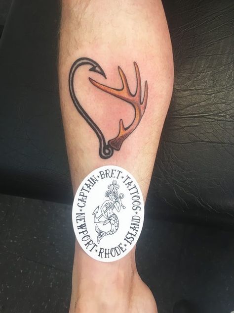 Custom Tattoo for my friend Andy, fishhook and deer antler #fish #antlers #hunting #fishing #tattoos #traditionaltattoo #tattoo #tattoos #TattoosByCaptainBret #NewportTattoo #NewportRI #Newport #RI #tattooshop #tattoostudio #RhodeIsland #swag #art #dope #family #sick #urban #street #rhodeislandtattoo #dopeart #besttattoo #artistic Shed Antler Tattoo, Antler And Fish Hook Tattoo, Antler Fish Hook Tattoo, Fishhook Tattoo, Hunting And Fishing Tattoos, Hunting Tattoos For Guys, Deer Antler Tattoos, Bow Hunting Tattoos, Antler Drawing