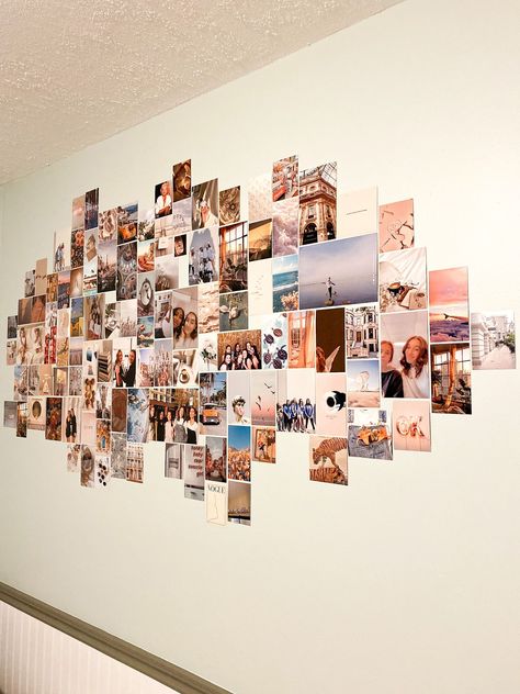 Foto Wall Ideas Living Room, Cards On Wall Decoration, Diy Wall Picture Collage, 4x4 Pictures On Wall Ideas, Photo Wall Collage No Frames, Photo Wall Collage Layout Ideas, Ways To Arrange Pictures On A Wall, Pic Collage On Wall Ideas, Wall Full Of Pictures Aesthetic