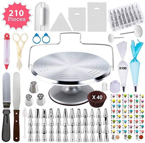 210 Piece Cake Decorating Supplies Kit | Aluminium Rotating Turntable Stand, Frosting & Piping Tips, Icing Spatula, Scraper, Smoother, Flower Nails, Cutter, Disposable Pastry Bags, Pro Baking Tools: Kitchen & Dining Best baking tools for your kitchen Frosting Piping, Turntable Cake, Cake Decorating Turntable, Rotating Cake Stand, Professional Cake Decorating, Cake Leveler, Turntable Stand, Icing Tips, Cake Decorating Piping