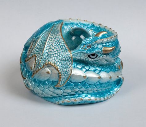 Aquamarine Dragon Curled Up Dragon, Fantasy Statue, Windstone Editions, Dragon Blue, Crystal Globe, Dragon Family, Fantasy Figurine, Blue Morpho Butterfly, Clay Dragon