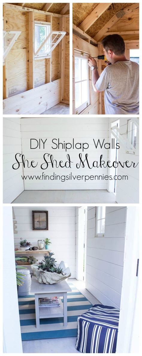 DIY Shiplap walls She Shed Makeover #sheshed #shiplap @homedepot #sponsored Shed Office Interior, She Shed Makeover, She Shed Diy, Shed Conversion Ideas, Shed Makeover, Shed Office, Shiplap Wall Diy, Shiplap Walls, Shed Interior