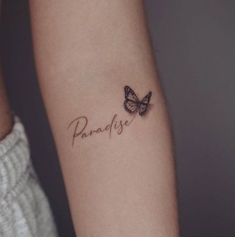 Name And Butterfly Tattoo Design, Micro Realistic Butterfly Tattoo, Small Butterfly Tattoo With Name, Writing With Butterfly Tattoo, Word And Butterfly Tattoo, Word Butterfly Tattoo, Butterfly Writing Tattoo, Butterfly And Writing Tattoo, Words With Butterfly Tattoo