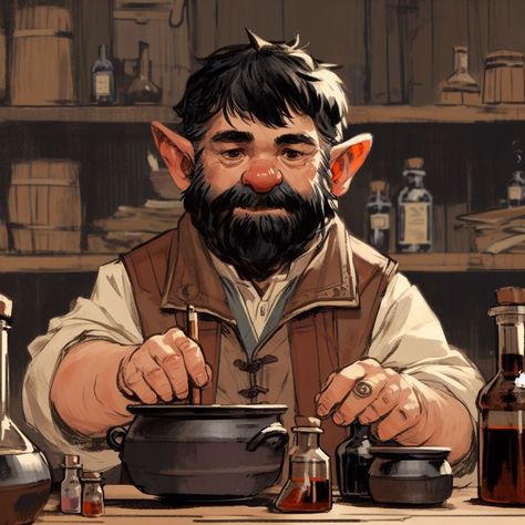 D&d Shopkeeper, Tavern Keeper Character, Fantasy Shopkeeper, Shopkeeper Character Design, Dnd Bartender, Dnd Halfling Male, Dnd Gnome Art, Gnome Dnd Character Design, Halfling Rpg