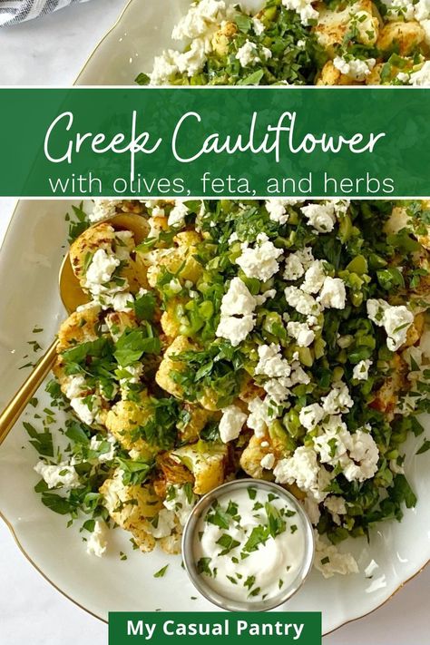 Turn ordinary cauliflower into an extraordinary side dish with this Roasted Greek Cauliflower. Oven-roasted cauliflower is topped with fresh herbs, olives, and tangy feta cheese. Cauliflower And Feta Recipes, Greek Cauliflower, Boil Cauliflower, Lemon Hummus, Oven Roasted Cauliflower, Feta Cheese Recipes, Cauliflower Tacos, Feta Recipes, Cauliflower Cheese