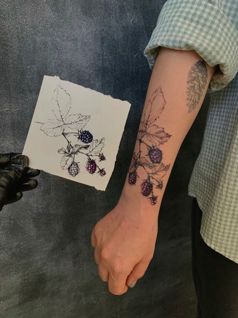 Thimbleberry Tattoo, Blackberry Arm Tattoo, Fine Line Blackberry Tattoo, Wild Berry Tattoo, Blackberry Bramble Tattoo, Berry Tattoo Ideas, Blackberry Flower Tattoo, Blackberry Branch Tattoo, Blackberries Tattoo