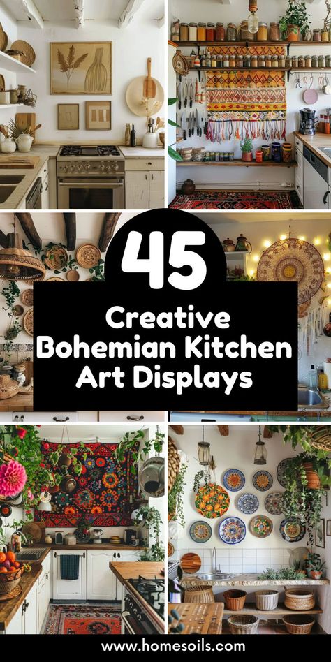 Discover 40 kitchen wall art ideas with a Bohemian twist! From sunny sink side styles to nature-inspired havens, these vibrant designs bring warmth and creativity to your culinary space. #BohemianDecor #KitchenWallArt #HomeStyle Artsy Kitchen Ideas, Wall Ideas For Kitchen, Hippie Kitchen Decor, Bohemian Kitchen Ideas, Bohemian Kitchen Curtains, Kitchen Wall Art Ideas, Tacky Decor, Hippie Kitchen, Bohemian Kitchen Decor