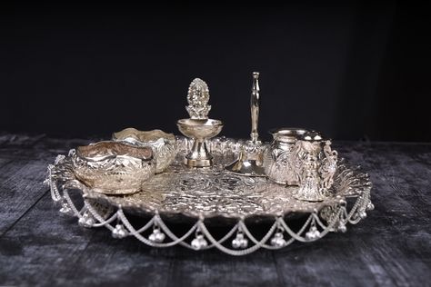 German Silver Pooja Thali Set Radhe Krishna Pooja thali,Haldi Pasupu kumkum,Pooja,Pongal,Diwali, Engagement ,Wedding by Kiahandicrafts on Etsy Silver Puja Thali Set, Wedding Thali, Silver Pooja Thali, Puja Thali, Designs Rangoli, Silver Anklets Designs, Silver Articles, Pooja Thali, Pooja Items