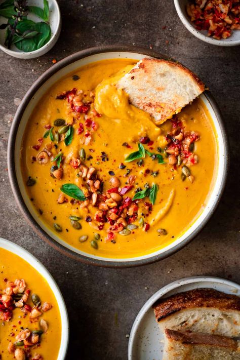 Thai Pumpkin Soup - Rainbow Plant Life Thai Coconut Pumpkin Soup, Vegan Thai Soup, Pumpkin Soup Aesthetic, Autumn Soups And Stews, Soup Food Photography, Best Pumpkin Soup, Thai Soups, Soup Aesthetic, Pumpkin Curry Soup