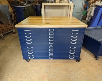 Flat File Desk, Filing Cabinet Ideas, Flat File Cabinet, Museum Storage, Tanker Desk, Literature Organizer, Maple Butcher Block, Double Pedestal Desk, Flat File