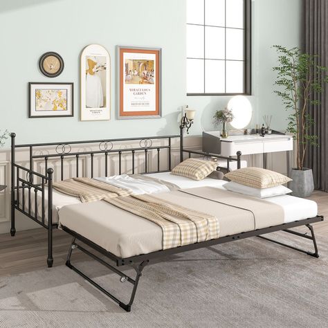 August Grove® Aleksejus Twin Steel Daybed With Pop-Up Trundle & Reviews | Wayfair Trundle Bed Twin, Daybed With Pop Up Trundle, Metal Day Bed, Pop Up Trundle Bed, Trundle Daybed, Metal Daybed With Trundle, Pop Up Trundle, Trundle Bed Frame, Modeling Design