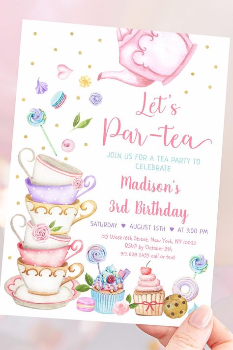 Pink Tea Party Let's Par-tea Birthday Invitation Partea Birthday Party, Princess Tea Party Ideas, Tea Party Kids Birthday, Kids Tea Party Ideas, Tea For Two Birthday Party, Baby Sprinkle Tea Party, Tea Party Birthday Ideas, Tea Party Three Year Old Birthday, First Birthday Par Tea