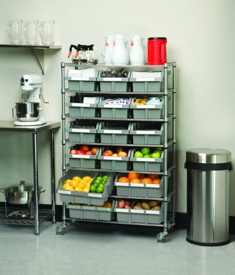 Commercial Kitchen Organization, Restaurant Kitchen Design, Bin Rack, Commercial Kitchen Design, Bakery Kitchen, Kitchen Storage Shelves, Shelving Racks, 카페 인테리어 디자인, Rack Storage