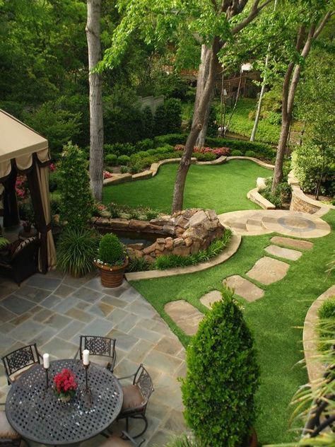 Amazing backyard with beautiful landscaping ideas and decor... patio, path, trees, home #decksandpatios Patio Area, In The Middle, Outdoor Patio, The Middle, Lush, Landscaping, Trees, Patio, Green