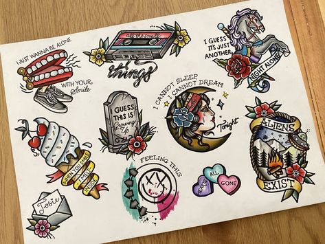 Patchwork, Blink 182 Tattoo, Tattoo Flash Sheets, Tattoo Kiss, Traditional Tattoo Flash Sheets, Traditional Tattoo Inspiration, Punk Tattoo, Flash Sheets, Traditional Style Tattoo Blink 182 Tattoo, Flash Traditional Tattoo, Tattoo Kiss, Tattoo Flash Traditional, Traditional Tattoo Flash Sheets, Dynamic Tattoo, Tattoo Flash Sheets, Traditional Tattoo Inspiration, Punk Tattoo