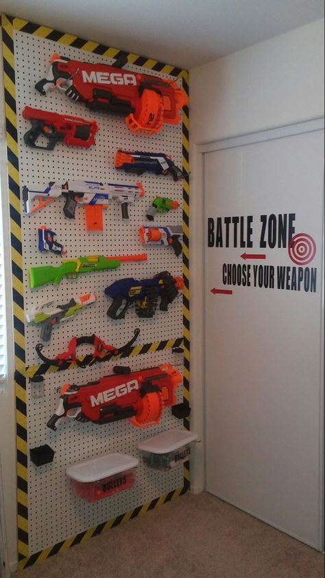 Boho Video Game Room, Nurf Wall, Nerf Armory Wall, Nerf Wall Boy Rooms, Pegboard Nerf Wall, Nerf Pegboard Wall, Sonic The Hedgehog Room Ideas, Nerf Room Ideas Boys, Nerf Wall Storage