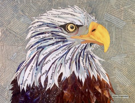 "Bald Eagle" Cut and torn paper collage by Kath Coleman Patriotic Art Ideas, Paper Mosaics, Landscape Art Lessons, Usa School, Torn Paper Collage, Bird Collage, Collage Landscape, White Eagle, Paper Bird