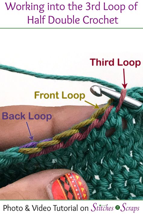 The half double crochet (hdc) stitch is unique because it has an extra, 3rd loop. Learn how to work into this 3rd loop, whether in rows or in rounds, in this free tutorial! #crochet #crochettutorial #thirdloop #3rdloop #halfdoublecrochet #3rdloophdc #tutorial #stitchesnscraps Crochet 3rd Loop, 3rd Loop Crochet, Third Loop Half Double Crochet, Hdc Back Loop Only, Third Loop Crochet, Crochet Third Loop, Crochet Hdc, Foundation Half Double Crochet, Half Double Crochet Stitch