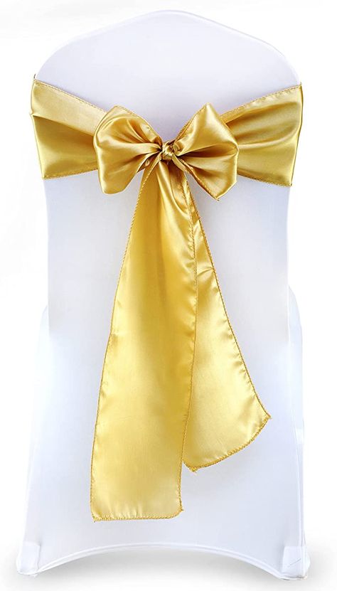 Amazon.com: MDS Pack of 25 Satin Chair Sashes Bow sash for Wedding and Events Supplies Party Decoration Chair Cover sash -Gold : Home & Kitchen Gold Bow With Tie Back For Wedding, Gold Chair Sashes Wedding, Black Chair Covers With Gold Sash, Gold Satin Bow For Wedding, Gold Chair Covers, Pink Wedding Chair Sash, Golden Chair, Gold Sash, Wedding Chair Sashes