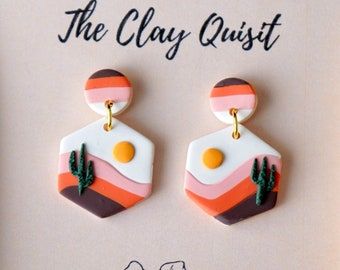 Landscape Earrings, Polymer Clay Jewelry Tutorials, Cactus Earrings, Polymer Clay Diy, Polymer Clay Jewelry Diy, Polymer Crafts, Cute Polymer Clay, Clay Jewelry Diy, Polymer Clay Charms