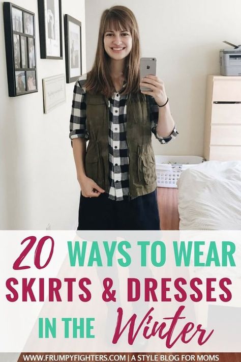 Fight the mom frump in winter too! Here are some outfit ideas for wearing skirts and dresses when it's cold. These looks are #momlife friendly and so cozy for both staying at home or going on errands. Look like a chic mom despite the cold this fall and winter! #winter #fall #moms #outfits #ideas #fashion #style #stayathome Modest Stay At Home Mom Outfit Ideas, Apostolic Capsule Wardrobe, Fall Modest Outfits Apostolic Fashion, Modest Winter Outfits Casual, Apostolic Winter Outfits, Apostolic Fashion Fall, Opiumcore Outfits, Capsules Wardrobe, Dresses In The Winter