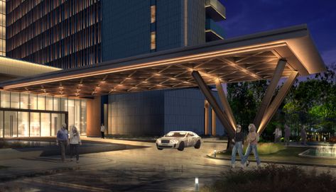 Canopy Entrance Design, Hotel Entrance Canopy, Aedas Architecture, Lobby Lighting Design, Hotel Room Design Plan, Hotel Canopy, Pavement Design, Parking Building, Plaza Design